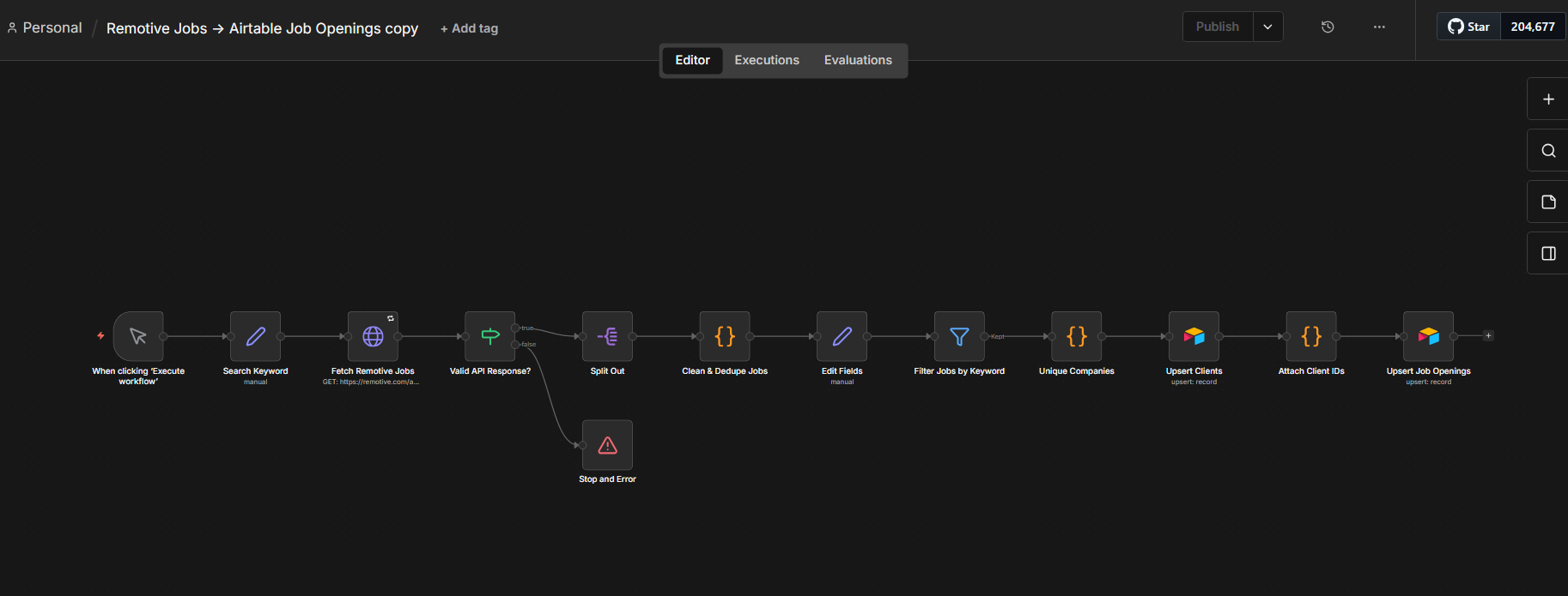 The Recruitment Pipeline n8n workflow open in the editor, showing all 13 nodes from the trigger through the Airtable upserts